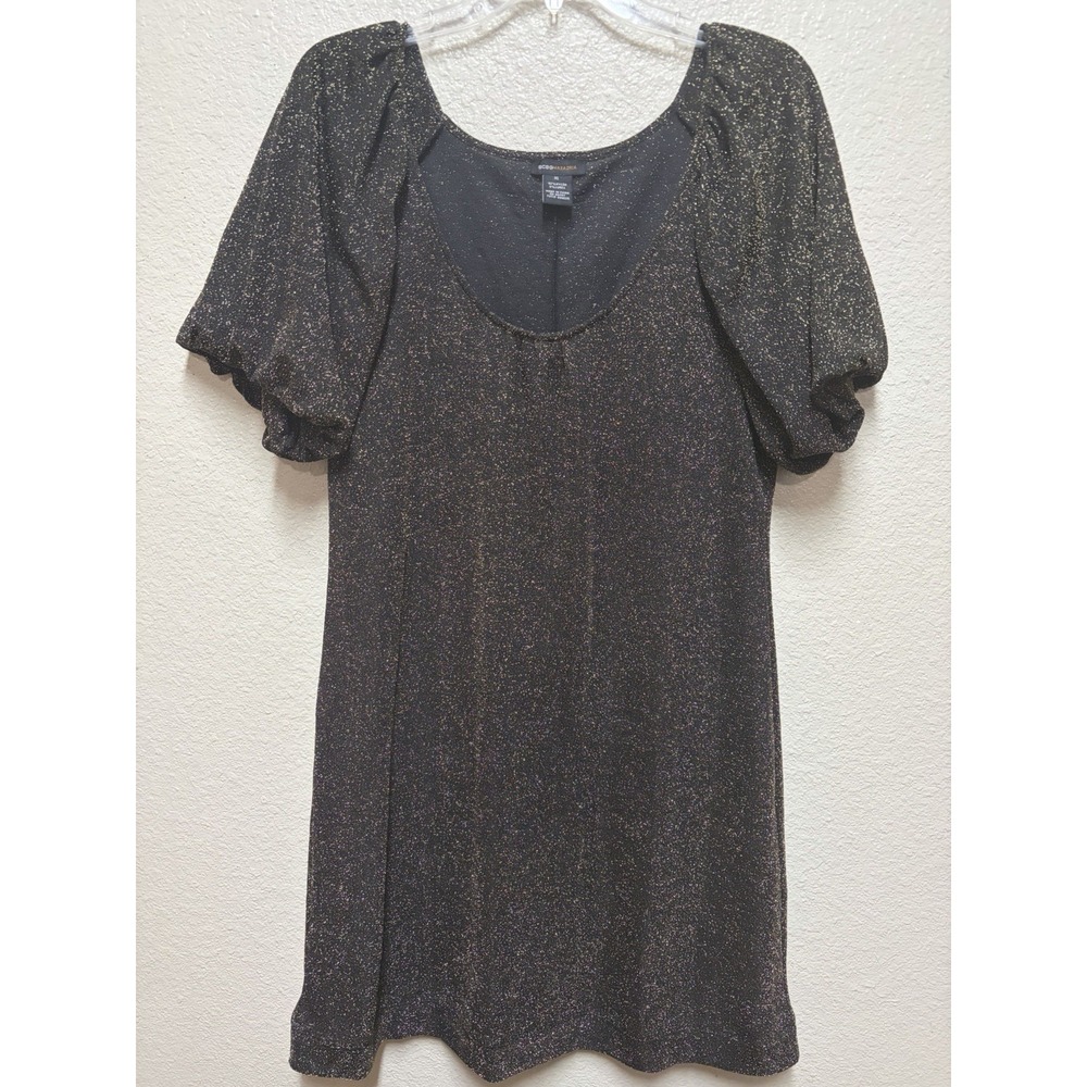BCBGMAXAZRIA XL Black Gold Metallic Knit Puff Sleeve Mini Dress Scoop Neck